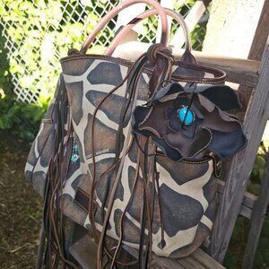 Dooney and Bourke upcycled purse tote giraffe print canvas bag, leather details